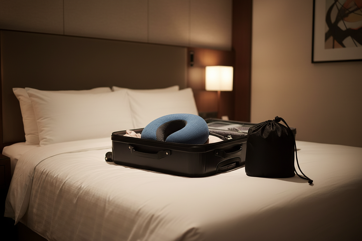Luxe hotelkamer met U-shaped travel pillow